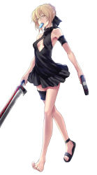 Rule 34 | 1girl, applekun, arm garter, artoria pendragon (all), artoria pendragon (alter swimsuit rider) (first ascension) (fate), artoria pendragon (fate), black dress, black ribbon, blonde hair, blouse, breasts, bridal garter, cleavage cutout, clothing cutout, dress, eating, excalibur morgan (fate), fate/grand order, fate (series), food, frilled dress, frills, full body, gun, hair ribbon, highres, holding, holding gun, holding sword, holding weapon, looking at viewer, mouth hold, official alternate costume, open clothes, open shirt, popsicle, ribbon, saber (fate), saber alter, shirt, shoes, simple background, single shoe, small breasts, solo, swimsuit, sword, weapon, white background