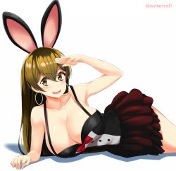 Rule 34 | 1girl, animal ears, bow, bowtie, breasts, brown eyes, brown hair, cleavage, cocktail dress, commentary request, dress, earrings, fake animal ears, fate/grand order, fate (series), hair between eyes, hairband, highres, jewelry, large breasts, long hair, looking at viewer, lying, mattari yufi, on side, open mouth, pleated skirt, rabbit ears, salute, shadow, skirt, sleeveless, sleeveless dress, smile, solo, white background, xuangzang sanzang (fate)