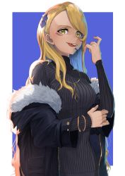 Rule 34 | 1girl, alternate costume, black jacket, black sweater, blonde hair, blue background, border, bracelet, casual, commentary request, contemporary, facial mark, fate/grand order, fate (series), fur-trimmed jacket, fur trim, hair ornament, highres, jacket, jewelry, kugatunohito, licking lips, lip piercing, long hair, looking at viewer, necklace, off-shoulder jacket, off shoulder, open clothes, open jacket, piercing, ribbed sweater, sharp teeth, solo, sweater, swept bangs, teeth, tongue, tongue out, turtleneck, turtleneck sweater, upper body, very long hair, vritra (fate), white border, yellow eyes
