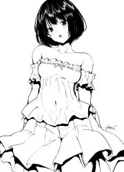 Rule 34 | 1girl, bare shoulders, blush, bow, breasts, collarbone, covered navel, greyscale, hair bow, head tilt, hibike! euphonium, highres, hisaishi kanade, looking at viewer, mokufuu, monochrome, pleated skirt, ribbon trim, short hair, signature, simple background, skirt, small breasts, solo, strapless, white background