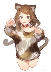 Rule 34 | 10s, 1girl, :o, animal ears, bad id, bad twitter id, blush, boku no hero academia, brown eyes, brown hair, cat ears, cat tail, choker, collar, collarbone, cropped legs, eyebrows, fang, highres, long sleeves, looking at viewer, off shoulder, open mouth, oversized clothes, oversized shirt, paw pose, ryota (ry o ta), shirt, short hair, simple background, solo, swept bangs, tail, uraraka ochako, white background
