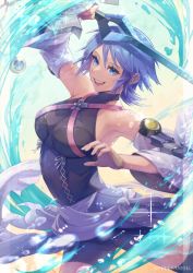 Rule 34 | 1girl, absurdres, aqua (kingdom hearts), armpits, blue eyes, blue hair, breasts, corset, highres, keyblade, kingdom hearts, looking at viewer, medium breasts, mike (mike-neko-chip), open mouth, short hair, shorts, smile, solo, tagme, thighhighs, water