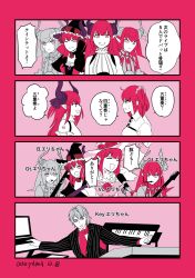 Rule 34 | 1boy, 4koma, 5girls, absurdres, ahoge, android, antonio salieri (fate), antonio salieri (second ascension) (fate), artist name, bare shoulders, chaldea uniform, comic, commentary request, dated, dragon horns, electric guitar, elizabeth bathory (fate), elizabeth bathory (fate/extra ccc), elizabeth bathory (halloween caster) (fate), elizabeth bathory (second ascension) (fate), elizabeth bathory (third ascension) (fate), fate/grand order, fate (series), fujimaru ritsuka (female), guitar, hair ornament, hair scrunchie, hat, highres, horns, instrument, long hair, looking at another, mecha eli-chan (fate), mecha eli-chan mk.ii (fate), microphone, multiple girls, music, odeyama, one eye closed, partially colored, partially translated, pink eyes, pointy ears, red hair, scrunchie, short hair, side ponytail, singing, smile, sweat, translation request, triangle mouth, upper body, witch hat