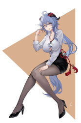Rule 34 | 1girl, absurdres, ahoge, alternate costume, black footwear, black skirt, blue hair, breasts, commentary, contemporary, ganyu (genshin impact), genshin impact, grey pantyhose, hair between eyes, hand up, high heels, highres, horns, invisible chair, lan xiezi, large breasts, long hair, long sleeves, looking at viewer, miniskirt, open mouth, pantyhose, pencil skirt, purple eyes, shirt, sitting, skirt, solo, thighs, very long hair, white background, white shirt