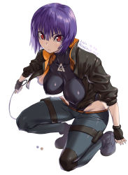 Rule 34 | 1girl, amania orz, black gloves, breasts, covered erect nipples, dated, fingerless gloves, ghost in the shell, ghost in the shell: sac 2045, gloves, highres, kusanagi motoko, looking up, medium breasts, purple hair, red eyes, short hair, solo, squatting, twitter username, white background, wire