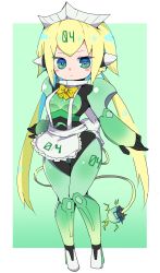 Rule 34 | 1girl, android, apron, blonde hair, blue pupils, blush stickers, bombergirl, bow, bowtie, breasts, closed mouth, electricity, emera (bombergirl), frilled apron, frills, frown, full body, green eyes, headdress, highres, knees together feet apart, long hair, looking at viewer, maid apron, medium breasts, robot ears, sasaki rindou, solo, split mouth, standing, tail, twintails, very long hair, waist apron, white apron, yellow bow, yellow bowtie