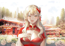 Rule 34 | 1girl, :d, architecture, blonde hair, blush, breasts, china dress, chinese clothes, cleavage, cleavage cutout, clothing cutout, day, dress, earrings, east asian architecture, hair ornament, hand up, hands on own breasts, jewelry, k2h, large breasts, long hair, looking at viewer, mole, mole under eye, open mouth, original, outdoors, red dress, short sleeves, smile, solo, tree, upper body, yellow eyes