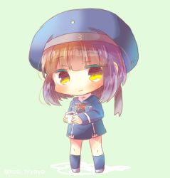 Rule 34 | 1girl, blue background, blue dress, blue hat, brown eyes, brown hair, chibi, clothes writing, coffee, cup, dress, full body, hat, kantai collection, kou hiyoyo, looking at viewer, mug, sailor dress, sailor hat, short hair, simple background, solo, standing, z3 max schultz (kancolle)