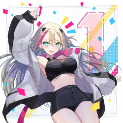 Rule 34 | 1girl, aqua eyes, black shorts, blonde hair, breasts, commentary, crop top, english commentary, floating hair, grey jacket, halterneck, high-waist shorts, highres, jacket, large breasts, long hair, mins (minevi), multicolored hair, nail polish, open mouth, phase connect, pointing, purple nails, red hair, rinkou ashelia, rinkou ashelia (1st costume), shorts, smile, solo, streaked hair, virtual youtuber