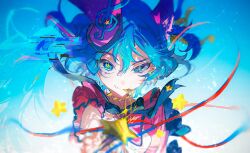 Rule 34 | 1girl, absurdres, animal ears, blue background, blue eyes, blue hair, blurry, blurry foreground, character request, fang, floating hair, highres, looking at viewer, matofu, project sekai, sekai ni hibike! your song (project sekai), short hair, short sleeves, simple background, smile, solo, star (symbol), star in eye, symbol-shaped pupils, symbol in eye, upper body