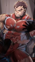 Rule 34 | 3boys, akashi (live a hero), bara, bodysuit, brown hair, bulge, covered abs, covered navel, cum, cum in clothes, erection, erection under clothes, facial hair, feet out of frame, footjob, footjob over clothes, goatee, grabbing, group sex, highres, invisible man, large bulge, large pectorals, live a hero, long sideburns, male focus, mmm threesome, multiple boys, muscular, muscular male, nipples, orange (agnimon11803164), pectoral grab, pectorals, red bodysuit, red eyes, scar, scar on face, scar on nose, short hair, sideburns, solo focus, sweat, thick eyebrows, thick thighs, thighs, threesome, yaoi