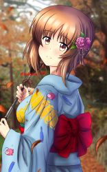 Rule 34 | 1girl, anglerfish, arrow (projectile), autumn leaves, blue kimono, blurry, blurry background, blush, boko (girls und panzer), brown eyes, brown hair, bullet, caterpillar tracks, closed mouth, commentary, day, depth of field, ema, emblem, fish, floral print, flower, from side, girls und panzer, hair flower, hair ornament, hamaya, hatsumoude, highres, holding, holding arrow, japanese clothes, kimono, new year, nishizumi miho, obi, outdoors, print kimono, redbaron, sash, short hair, smile, solo, standing, tree, twitter username
