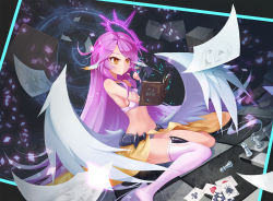 Rule 34 | + +, 10s, 1girl, angel wings, asymmetrical legwear, book, breasts, spiked halo, feathered wings, halo, jibril (no game no life), long hair, low wings, magic circle, midriff, navel, no game no life, pa pa jin, papa gold, pink hair, small breasts, smile, solo, uneven legwear, white wings, wings, yellow eyes