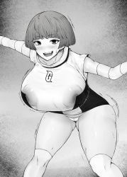 Rule 34 | 1girl, :d, blush, bottomless, bouncing breasts, breasts, clothes lift, covered collarbone, creatures (company), game freak, huge breasts, kurotama, large areolae, looking at viewer, monochrome, nintendo, nipples, nude, open mouth, pokemon, pokemon dppt, puffy nipples, shirt, shirt lift, short hair, smile, solo, team galactic, team galactic grunt