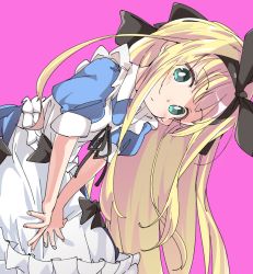 Rule 34 | 1girl, apron, black bow, black hairband, black ribbon, blue dress, blush, bow, closed mouth, dress, fingernails, green eyes, hair bow, hair ribbon, hairband, ixy, leaning to the side, long hair, looking at viewer, maid apron, mononobe alice, mononobe alice (1st costume), nijisanji, pink background, puffy short sleeves, puffy sleeves, ribbon, short sleeves, sidelocks, simple background, solo, very long hair, virtual youtuber, white apron