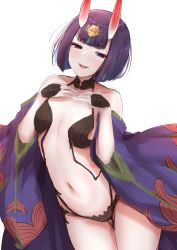 Rule 34 | 1girl, bare shoulders, blush, bob cut, breasts, eyeliner, fate/grand order, fate (series), headpiece, highres, horns, japanese clothes, john zhang, kimono, long sleeves, looking at viewer, makeup, oni, open clothes, open kimono, open mouth, purple eyes, purple hair, purple kimono, revealing clothes, short eyebrows, short hair, shuten douji (fate), simple background, skin-covered horns, small breasts, smile, solo, white background, wide sleeves