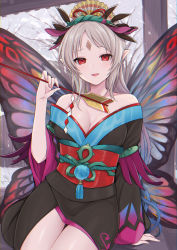 Rule 34 | 1girl, absurdres, alternate costume, arrow (projectile), bare shoulders, black kimono, breasts, cleavage, collarbone, commentary, fairy, fairy wings, female focus, fingernails, fire emblem, fire emblem heroes, forehead, forehead jewel, grey hair, hair ornament, hair vines, highres, holding, holding arrow, japanese clothes, kimono, long hair, looking at viewer, nintendo, obi, off shoulder, official alternate costume, open mouth, plant, plumeria (fire emblem), pointy ears, red eyes, sash, shimizu akina, sitting, snow, solo, thighs, vines, wide sleeves, wings