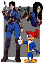 Rule 34 | 2girls, absurdres, black hair, blue jumpsuit, boots, breasts, character request, fallout (prime video), fallout (series), gloves, gun, highres, holding, holding gun, holding weapon, jumpsuit, jumpsuit around waist, kekel, large breasts, long hair, looking at viewer, lucy maclean, medium breasts, multiple girls, orange eyes, ponytail, red hair, simple background, smile, toon (style), vault suit, weapon
