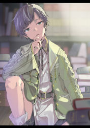 Rule 34 | 1boy, belt, belt buckle, black belt, black shorts, blurry, blurry background, book, book stack, bookshelf, buckle, collared shirt, commentary request, copyright request, depth of field, dress shirt, green eyes, green jacket, grey hair, hand to own mouth, hand up, head tilt, highres, indie virtual youtuber, jacket, knee up, letterboxed, long sleeves, male focus, open clothes, open jacket, parted lips, shirt, short shorts, shorts, sleeves past wrists, solo, teeth, tomozero, upper teeth only, virtual youtuber, white shirt, wide sleeves, wooden floor