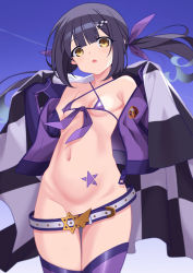 Rule 34 | 1girl, aoi masami, belt, bikini, bikini top only, black hair, bottomless, convenient censoring, cropped jacket, fate/kaleid liner prisma illya, fate (series), flag, holding, holding flag, long hair, looking at viewer, micro bikini, miyu edelfelt, navel, race queen, shiny skin, solo, standing, star (symbol), swimsuit, thighhighs, twintails, yellow eyes