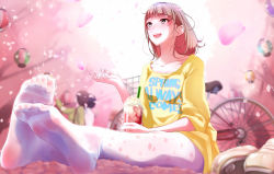 1girl bicycle brown_eyes brown_hair feet highres natsui_tuna original petals pink_theme short_hair smile socks soles solo spring_(season) thighhighs toes white_thighhighs