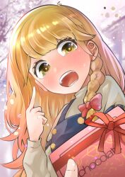 Rule 34 | 1girl, blonde hair, blush, bow, braid, chocolate, commentary request, hair bow, highres, kirisame marisa, long hair, long sleeves, no headwear, nodoguro (phi-tan), open mouth, pointing, pointing at self, red eyes, side braid, single braid, solo, touhou, valentine, yellow eyes