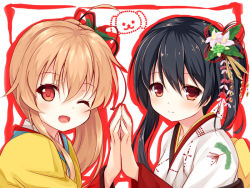 Rule 34 | 2girls, ;d, black hair, blush, closed mouth, commentary request, fingernails, flower, flower knight girl, hair between eyes, hair flower, hair ornament, holding hands, japanese clothes, kimono, light brown hair, long hair, long sleeves, looking at viewer, manryou (flower knight girl), multiple girls, one eye closed, open mouth, pink flower, print kimono, red eyes, red flower, senryou (flower knight girl), smile, white kimono, wide sleeves, yellow kimono, yuku (kiollion)