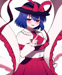 Rule 34 | 1girl, absurdres, ascot, black hat, blush, buttons, capelet, commission, hagoromo, hair between eyes, hat, hat ribbon, highres, long sleeves, looking at viewer, nagae iku, open mouth, purple hair, red ascot, red eyes, red ribbon, red skirt, ribbon, shawl, shirt, short hair, simple background, skeb commission, skirt, smile, solo, touhou, white background, white capelet, white shirt, you (noanoamoemoe)