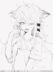 Rule 34 | 1girl, animal ears, arknights, art program in frame, greyscale, hair ornament, hairclip, hand up, highres, lappland (arknights), looking at viewer, messy hair, monochrome, one eye closed, open mouth, pillow, sato (lappysuki), scar, scar across eye, shirt, short sleeves, simple background, sketch, solo