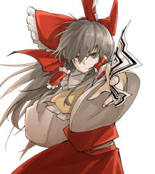 Rule 34 | 1girl, ascot, bow, closed mouth, fingernails, floating hair, frown, grey eyes, grey hair, hair bow, hair tubes, hakurei reimu, holding, kankan33333, long hair, long sleeves, looking at viewer, reaching, reaching towards viewer, red bow, red shirt, red skirt, serious, shirt, simple background, skirt, solo, standing, touhou, white background, wide sleeves, yellow ascot