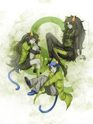 Rule 34 | 3girls, black hair, boots, coat, colored sclera, colored skin, dual persona, fang, fangs, green eyes, grey skin, highres, homestuck, horns, leo (symbol), leo (zodiac), long hair, meulin leijon, multiple girls, nepeta leijon, open mouth, oversized clothes, sharp teeth, short hair, sitting, smile, tail, teeth, the disciple, ti9931, torn clothes, turtleneck, very long hair, white eyes, yellow sclera, zodiac