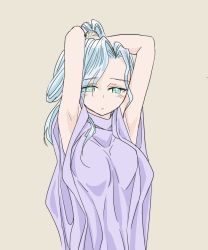 Rule 34 | 1girl, aqua eyes, arms up, beige background, blue hair, blush, breasts, chrono trigger, commentary, commentary request, high ponytail, long hair, looking at viewer, parted lips, ponytail, robe, s-a-murai, schala zeal, simple background, solo, upper body