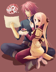 Rule 34 | 00s, animated, animated gif, anna irving, bow, brown eyes, cake, couple, food, fork, kratos aurion, long hair, pink hair, red hair, short hair, simple background, sweatdrop, tales of (series), tales of symphonia