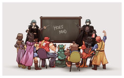 Rule 34 | 2girls, 6+boys, absurdres, amamiya ren, arm up, backpack, bag, bandana, banjo-kazooie, banjo (banjo-kazooie), bare shoulders, bear, bird, black gloves, black hair, blonde hair, boots, brown footwear, brown hair, byleth (female) (fire emblem), byleth (fire emblem), byleth (male) (fire emblem), cape, cellphone, chair, chalkboard, cheering, crossover, cup, disposable cup, dragon quest, dragon quest xi, drinking, fatal fury, fire emblem, fire emblem: three houses, from behind, gloves, green hair, grey pants, hero (dq11), hero (dq4), hero (dq8), highres, holding, holding cup, holding phone, kazooie (banjo-kazooie), knee boots, long hair, meme, multiple boys, multiple girls, nin nakajima, nintendo, pants, pantyhose, persona, persona 5, phone, pink cape, pointer, ponytail, print vest, red gloves, red vest, roto (dq3), sitting, sleeves pushed up, smartphone, spiked hair, standing, star (symbol), star print, super smash bros., terry bogard, tunic, vest