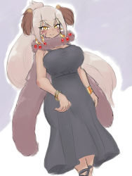 Rule 34 | 1girl, alternate costume, arms at sides, bangle, bare arms, bare shoulders, black dress, bracelet, breasts, brown hair, closed mouth, dark-skinned female, dark skin, dress, dutch angle, earrings, empty eyes, facial mark, feet out of frame, fur scarf, grey hair, hair between eyes, highres, hoop earrings, jewelry, kemono friends, large breasts, light blush, long dress, long hair, looking at viewer, mo23, multicolored hair, north island giant moa (kemono friends), scarf, sketch, sleeveless, sleeveless dress, smile, solo, two-tone hair, very long hair, walking, yellow eyes