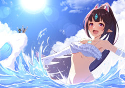 Rule 34 | 1boy, 2girls, :d, animal ears, armpits, arms up, bandages, bandaged arm, bandages, bare shoulders, bikini, black hair, blue sky, blush, breasts, cleavage, cloud, collarbone, commentary request, day, earrings, fake animal ears, fox ears, frilled bikini, frills, gem, glowing, highleg, highleg bikini, highres, jewelry, kasandra (xenoblade), lens flare, long hair, looking at viewer, mebi il, medium breasts, multiple girls, navel, nintendo, ocean, open mouth, outdoors, outstretched arms, pandoria (beach date) (xenoblade), pandoria (xenoblade), pointy ears, ponytail, red eyes, sidelocks, sky, smile, splashing, stomach, sun, sunlight, swimsuit, upper body, very long hair, wading, waves, xenoblade chronicles (series), xenoblade chronicles 2, zeke von genbu (surfinator) (xenoblade), zeke von genbu (xenoblade)