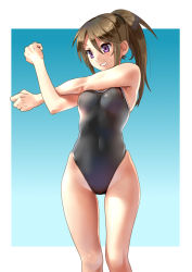 Rule 34 | 1girl, black one-piece swimsuit, blue neckwear, blush, breasts, brown hair, commentary request, competition swimsuit, covered navel, derivative work, gradient background, hair between eyes, highleg, highleg swimsuit, highres, katahira masashi, lips, long hair, medium breasts, one-piece swimsuit, original, outside border, ponytail, purple eyes, simple background, skindentation, smile, solo, standing, stretching, swimsuit, thigh gap