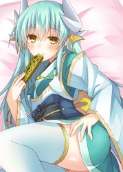 Rule 34 | 1girl, absurdres, aqua hair, blush, breasts, commentary request, fate/grand order, fate (series), folding fan, green hair, hair ornament, hand fan, highres, horns, japanese clothes, kimono, kiyohime (fate), komori kuzuyu, long hair, long sleeves, looking at viewer, lying, obi, on side, sash, smile, solo, thighhighs, white thighhighs, wide sleeves, yellow eyes