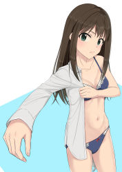 Rule 34 | 1girl, absurdres, blue bra, blue panties, bow, bow panties, bra, breasts, brown hair, cleavage, dress shirt, eyebrows, fingernails, green eyes, groin, highres, idolmaster, idolmaster cinderella girls, idolmaster cinderella girls starlight stage, k-ya., long fingernails, long hair, looking at viewer, navel, off shoulder, outstretched arm, panties, partially undressed, shibuya rin, shirt, small breasts, solo, thighs, underwear, white background