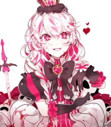 Rule 34 | 1girl, bad id, bad pixiv id, bow, bowtie, crown, grin, heart, looking at viewer, original, pink hair, piyo (ppotatto), red eyes, simple background, skull-shaped pupils, smile, solo, symbol-shaped pupils, white background