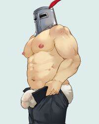 Rule 34 | 1boy, abs, ass, bara, belly, bulge, bulge lift, covered penis, dark souls (series), dark souls i, dressing, feathers, feet out of frame, from side, helmet, highres, i&#039;ve never seen a guy recreate this successfully tbh (meme), knight, large pectorals, looking at viewer, male focus, male underwear, meme, muscular, muscular male, nipples, open pants, pants, pants lift, pectorals, rick penman, see-through, solaire of astora, solo, stomach, thick thighs, thighs, topless male, undersized clothes, underwear, wet, wet clothes, wet male underwear, white male underwear