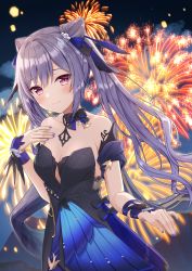 Rule 34 | 1girl, absurdres, bare shoulders, black bow, black dress, blush, bow, breasts, cleavage, double bun, dress, fireworks, genshin impact, hair bun, hair ornament, hand on own chest, highres, keqing (genshin impact), keqing (opulent splendor) (genshin impact), looking at viewer, mochiko (uyu omochi), nail polish, night, night sky, outstretched hand, sky, smile, solo, twintails