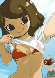 Rule 34 | 1boy, 1girl, absurdres, animal crossing, bikini, black eyes, blue sky, breasts, brown hair, cleavage, closed mouth, clothes lift, cloud, cranston (animal crossing), day, eyelashes, furry, furry male, highres, lifted by self, looking to the side, medium breasts, muramasa mikado, navel, nintendo, outdoors, red bikini, see-through, see-through shirt, shirt, shirt lift, short hair, short sleeves, sky, smile, swimsuit, t-shirt, underboob, villager (animal crossing), white shirt