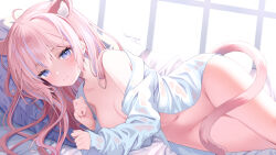 Rule 34 | 1girl, animal ear fluff, animal ears, blue eyes, blue hair, bottomless, breasts, cat ears, cat girl, cat tail, head on pillow, kanora, long hair, long sleeves, lying, medium breasts, multicolored hair, naked shirt, navel, off shoulder, on side, open clothes, open shirt, original, pillow, pink hair, shirt, smile, stomach, streaked hair, tail, tail censor, wet, wet clothes, wet shirt