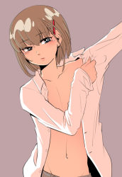 Rule 34 | 1boy, bad id, bad pixiv id, blouse, blush, child, grey background, long hair, male focus, navel, open clothes, open shirt, shirt, simple background, solo, suparu (detteiu), tagme, trap