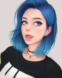 Rule 34 | 1girl, blue eyes, blue hair, chopsticks, dutch angle, ear piercing, earrings, eyeshadow, forehead, freckles, grey background, highres, jewelry, lips, looking at viewer, makeup, necklace, open mouth, original, piercing, portrait, short hair, solo, tongue, umigraphics