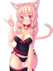 Rule 34 | 1girl, animal ear fluff, animal ears, bell, blonde hair, bow, breasts, cat ears, cat tail, cleavage, collar, collarbone, corset, cowboy shot, facial mark, fox shadow puppet, frilled thighhighs, frills, gluteal fold, grin, hair over shoulder, highres, jingle bell, lingerie, long hair, looking at viewer, low twintails, medium breasts, naala, neck bell, nottytiffy, original, panties, red eyes, ribbon, side-tie panties, slit pupils, smile, solo, tail, thigh gap, thighhighs, twintails, underwear, white background