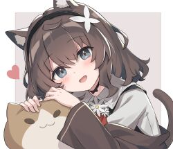 Rule 34 | 1girl, animal ears, black choker, black hairband, blush, border, brown coat, brown hair, cat ears, cat girl, cat tail, choker, coat, collared shirt, flower, grey eyes, hair flower, hair ornament, hairband, heart, highres, kurioshi fio, leaning on object, looking at viewer, neckerchief, off shoulder, open mouth, original, outside border, red neckerchief, satou (3366 s), shirt, solo, stuffed animal, stuffed cat, stuffed toy, tail, upper body, white border, white shirt