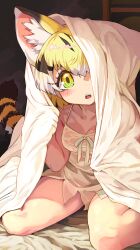 Rule 34 | 1girl, absurdres, animal ear fluff, animal ears, black hair, blonde hair, blush, breasts, cat ears, cat girl, cat tail, collarbone, extra ears, eyelashes, green eyes, head tilt, highres, kemono friends, looking at viewer, medium hair, melaton, multicolored eyes, multicolored hair, nightgown, one eye covered, open mouth, sand cat (kemono friends), see-through, sitting, small breasts, solo, tail, under covers, wariza, white hair, yellow eyes