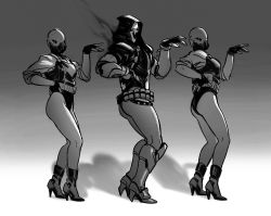 Rule 34 | 1boy, 2others, ass, bare legs, beyonce (copyright), boots, commentary, dancing, english commentary, greyscale, hand on own hip, high heel boots, high heels, knee boots, legs together, leotard, mask, monochrome, multiple others, overwatch, overwatch 1, parody, reaper (overwatch), rennerei, skull mask, soldier, stiletto heels, what